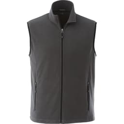 A grey fleece vest featuring a zip front and side pockets, designed for men. Includes a logo.