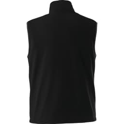 A black men's polyfleece vest with a high collar, featuring a logo.