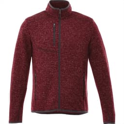 A men's knit jacket in a deep red colour, featuring a zip front, stand-up collar, and a chest pocket with a zipper.