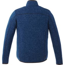 A blue knit jacket with a smooth finish, featuring a logo on the back and minimalistic design elements.