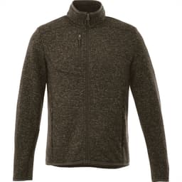 A men's knit jacket in dark grey with a zip front, high collar, and a chest pocket, featuring a logo.