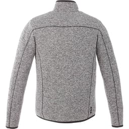 A grey knit jacket with a high collar and a smooth back design, featuring a small logo on the lower side.