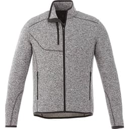A grey knit jacket with a zippered front, side pockets, and a stand-up collar. Features a logo on the chest.