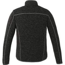 A men's knit jacket in black with grey stitching, featuring a high collar and a logo on the back.