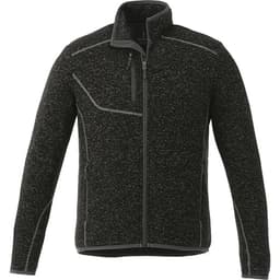 A men's knit jacket in dark grey with a zip front, featuring a logo and contrasting detailing.