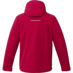 A red fleece lined jacket featuring a hood and a logo on the back.