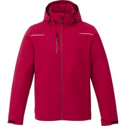 A red fleece lined men's jacket with a hood, featuring a zip front and a small chest pocket.