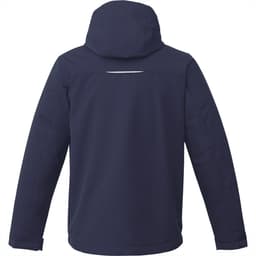 A navy blue men's jacket featuring a hood and a reflective detail on the back. It includes a logo.