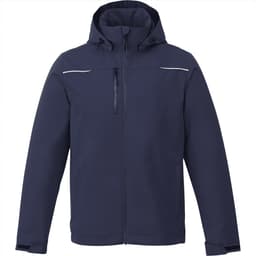 A navy fleece lined jacket for men with a hood, featuring a zip front and a logo.