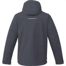 A men's fleece-lined jacket in dark grey, featuring a hood and a branded logo on the back.