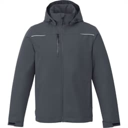 A men's fleece-lined jacket in dark grey with a hood and zippered pockets, featuring a logo on the chest.
