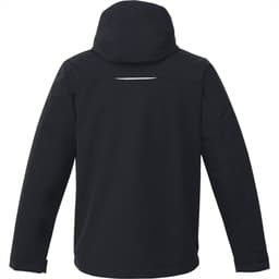 A black fleece-lined men's jacket featuring a hood and a reflective strip on the back. Includes a logo.