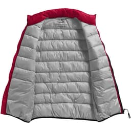 A red and grey insulated vest with a zip closure, featuring a padded interior and a logo.