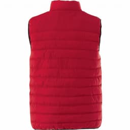 A red insulated vest with a quilted design and a high collar, featuring a logo on the back.