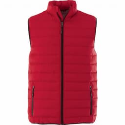 A red insulated vest with a high collar and zippered pockets, featuring a logo.