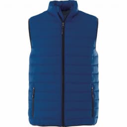 A blue insulated vest featuring a zip front and side pockets, with a logo on it.