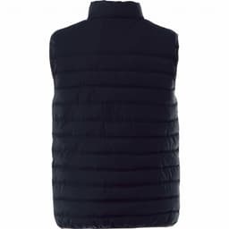 A black insulated vest with a quilted design and a high collar. It features a logo on the back.