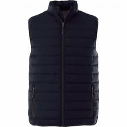 A navy insulated vest with a high collar, featuring a full front zipper and two side pockets.