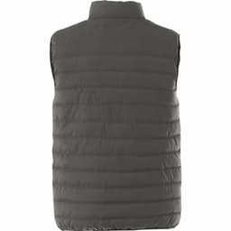 A green insulated vest featuring a zip-up design and a high collar, with a branded logo.