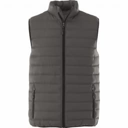 A grey insulated vest with a high collar and zippered front and pockets, featuring a logo.