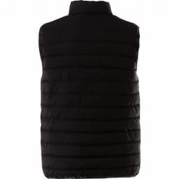 A black insulated vest featuring a quilted design and a high collar, with a logo on the back.