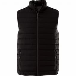 A black insulated vest with a stand-up collar and zippered pockets, featuring a branding logo.