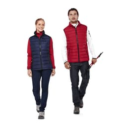 A navy blue vest on a woman and a red vest on a man, both featuring zippers and a logo.