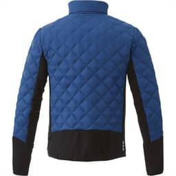 A men's hybrid insulated jacket in blue with black accents, featuring a quilted design and a logo.