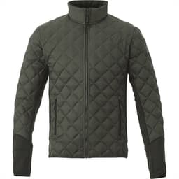 A men's hybrid insulated jacket in dark green with a quilted pattern and zip closure, featuring a logo on the design.