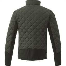 A men's insulated jacket in dark green, featuring a quilted design and a logo on the back.