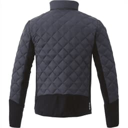 A black insulated jacket featuring a quilted design and contrasting sleeves, complete with a logo.