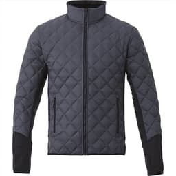 A men's insulated jacket in dark grey with a quilted pattern, featuring a high collar and zippered front. Includes branding.