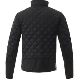 A black insulated jacket with a quilted design, featuring a collar and a logo on the side.