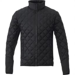 A black quilted insulated jacket with a high collar and zip closure, featuring a subtle logo.