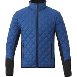 A blue insulated jacket featuring a quilted design and black sleeves, with zippered side pockets and a high collar.