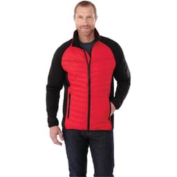A men’s hybrid insulated jacket featuring a red body and black sleeves, with a branded logo on the sleeve.