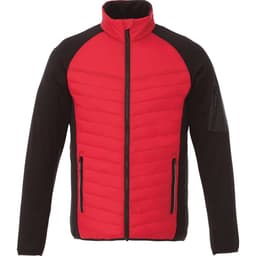 A red and black insulated jacket with a zip front, featuring side pockets and a logo on the sleeve.