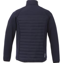 A men's jacket in navy blue, featuring a hybrid design with insulated panels and a logo on the sleeve.