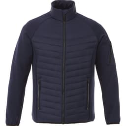 A men's insulated jacket in navy blue with a zip front and two side pockets, featuring a logo on the side.