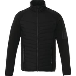 A black men's hybrid insulated jacket featuring a zip closure and side pockets, with a logo on the sleeve.