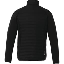 A black insulated jacket with a quilted back design and a high collar, featuring a logo.