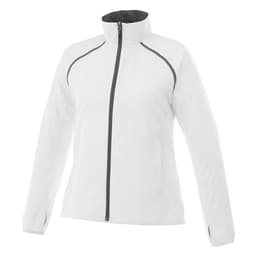 A women's packable rain jacket in white with black accents and a zippered front. It features a high collar and pockets.