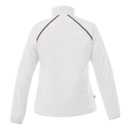 A women's packable rain jacket in white with a high collar and reflective detailing on the back.
