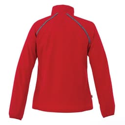 A red women's rain jacket with reflective accents, featuring a high collar and long sleeves. There is a logo present.