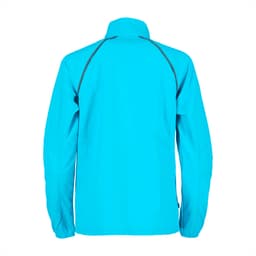 A blue women's rain jacket with a collar and long sleeves, featuring a logo on the back.