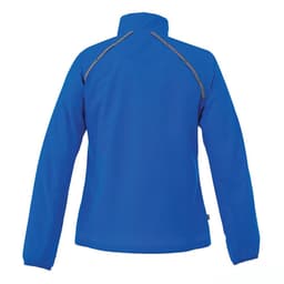 A blue women's packable rain jacket featuring a high collar and reflective detail on the back. It has a logo.