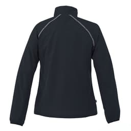 A women's packable rain jacket in black, featuring a simple design and reflective detailing on the back.