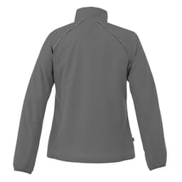 A grey women's packable rain jacket featuring a high collar and long sleeves, with a logo on the back.