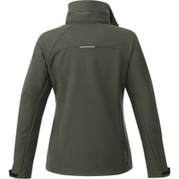 A women's softshell jacket in dark green, featuring a high collar and a logo on the back.