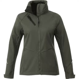 A women's softshell jacket in olive green featuring a front zip and a high collar. It has a logo on the sleeve.